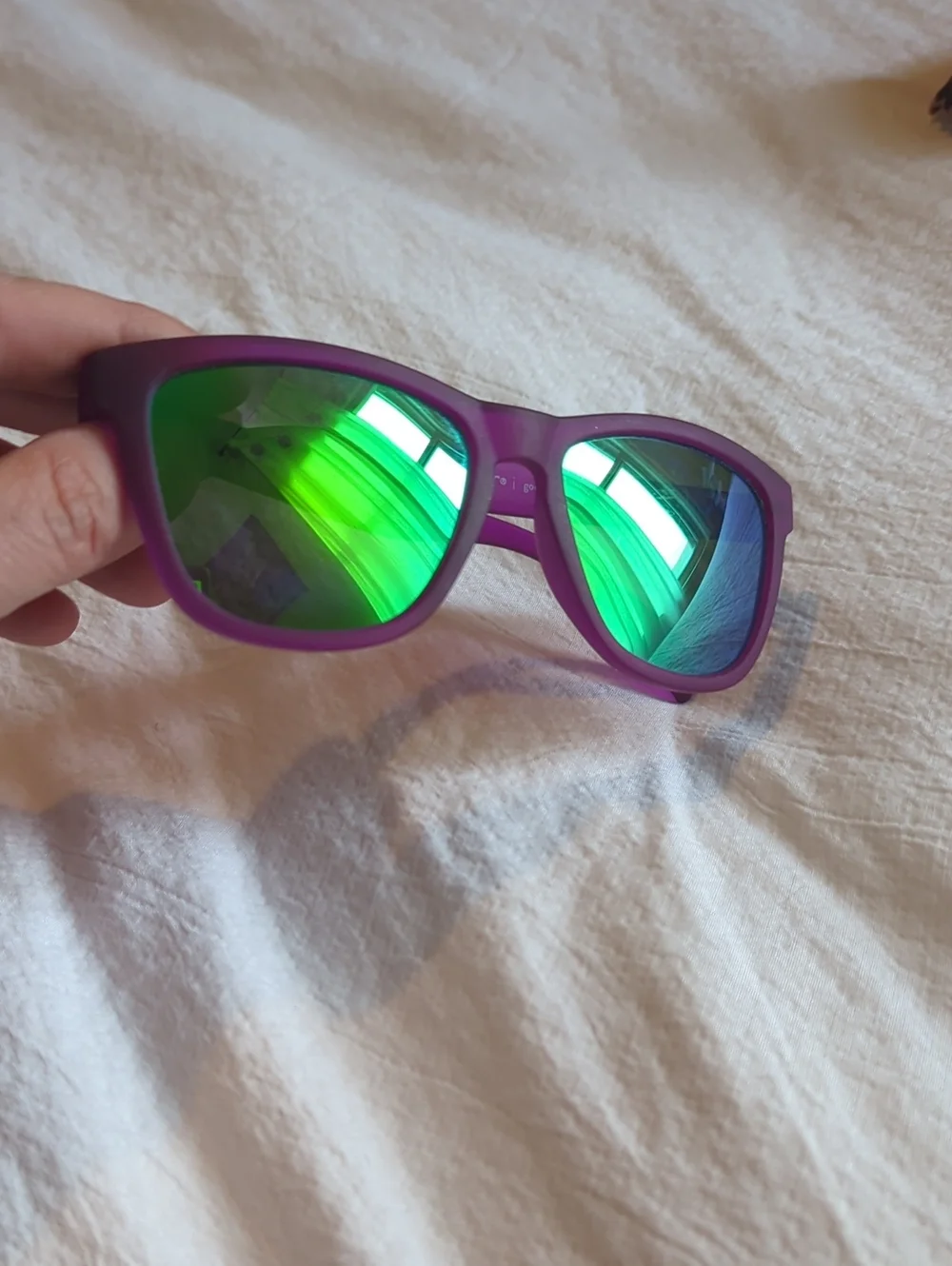 Goodr Purple Frame Sunglasses with Green Mirrored Lenses